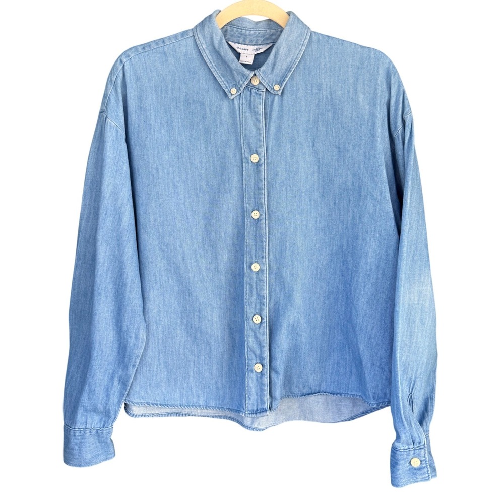 A6 Old Navy Denim Shirt‎ Cropped Boyfriend Medium Wash Long Sleeve Cotton Top S